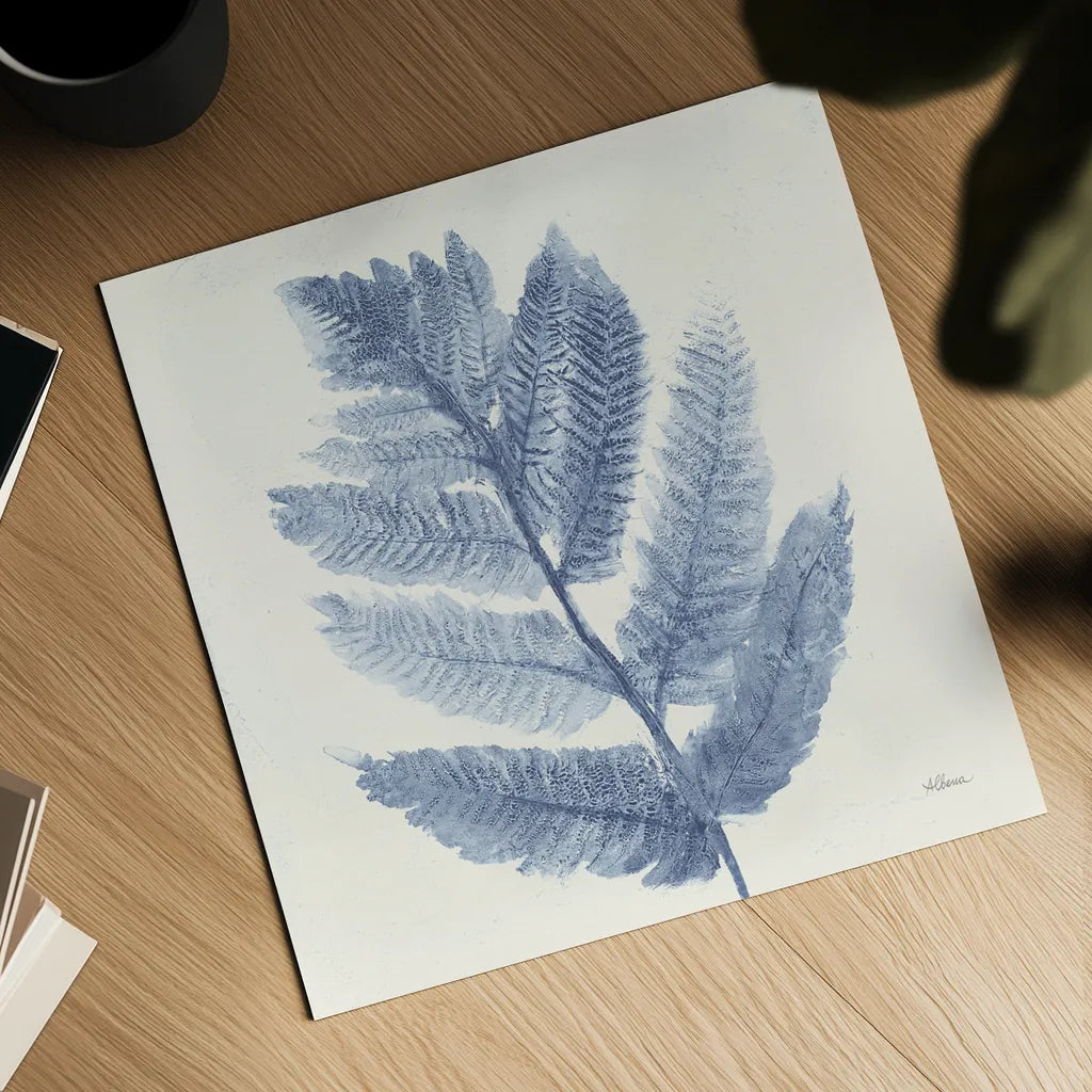 Forest Ferns I Blue by Albena Hristova. Shown as a detailed flat fine art print, highlighting archival giclee quality. Available as an archival giclee rolled canvas, fine art paper, or poster print. SKU 42748a.