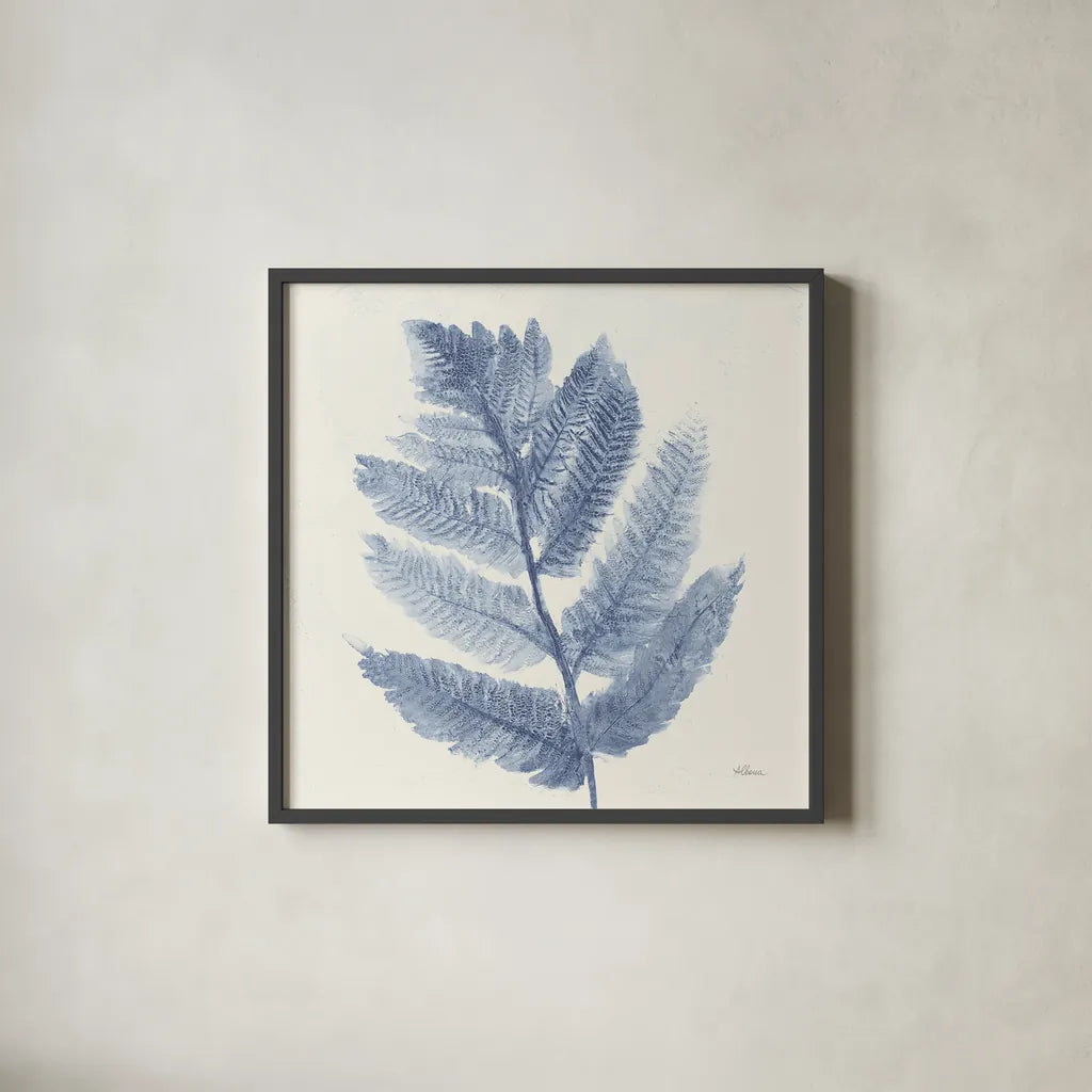 Forest Ferns I Blue by Albena Hristova. Shown in a sleek black glass frame for a contemporary gallery look. Available as an archival giclee rolled canvas, fine art paper, or poster print. SKU 42748a.