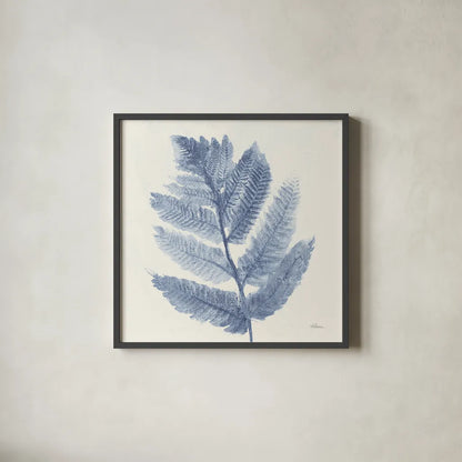 Forest Ferns I Blue by Albena Hristova. Shown in a sleek black glass frame for a contemporary gallery look. Available as an archival giclee rolled canvas, fine art paper, or poster print. SKU 42748a.