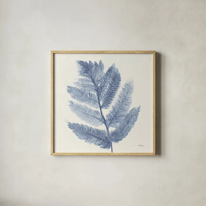Forest Ferns I Blue by Albena Hristova. Shown in a natural wood glass frame for a timeless modern aesthetic. Available as an archival giclee rolled canvas, fine art paper, or poster print. SKU 42748a.