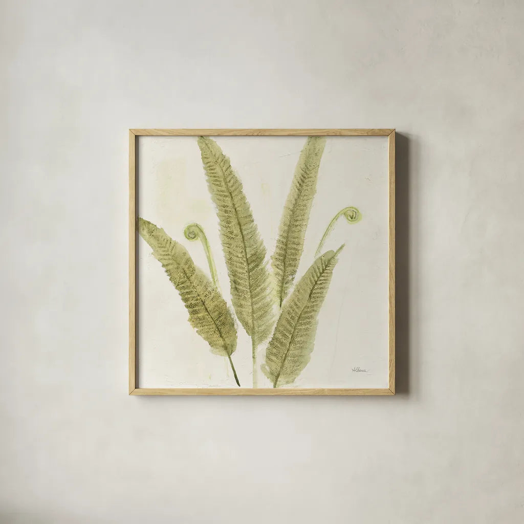 Forest Ferns II by Albena Hristova. Shown in a natural wood glass frame for a timeless modern aesthetic. Available as an archival giclee rolled canvas, fine art paper, or poster print. SKU 36372a.