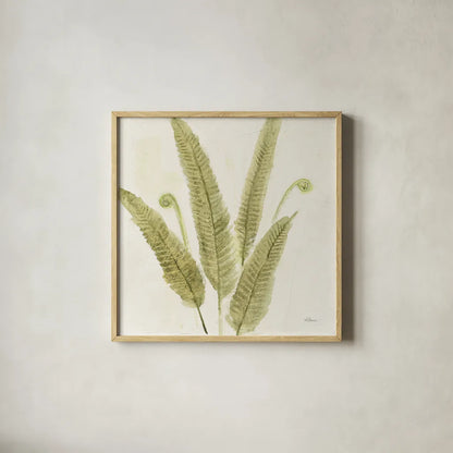 Forest Ferns II by Albena Hristova. Shown in a natural wood glass frame for a timeless modern aesthetic. Available as an archival giclee rolled canvas, fine art paper, or poster print. SKU 36372a.