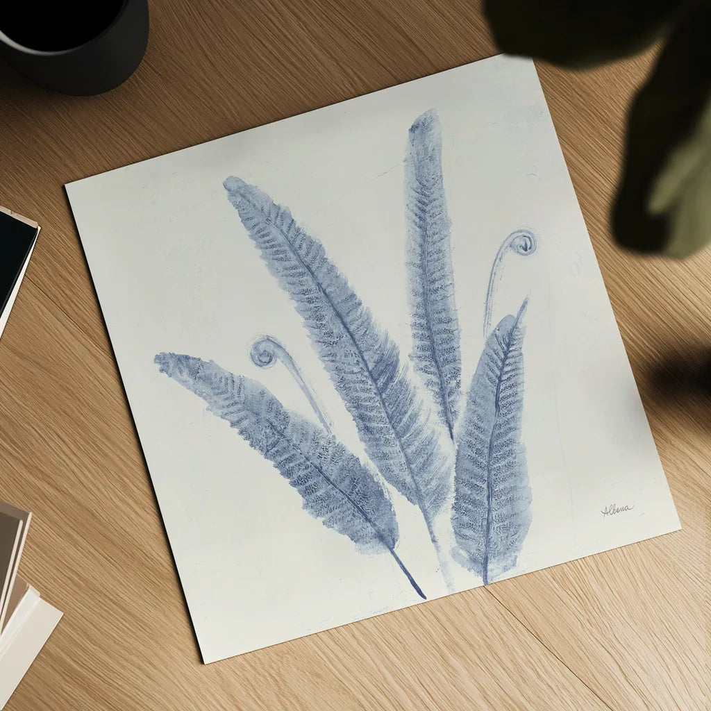 Forest Ferns II v2 Blue by Albena Hristova. Shown as a detailed flat fine art print, highlighting archival giclee quality. Available as an archival giclee rolled canvas, fine art paper, or poster print. SKU 42749a.