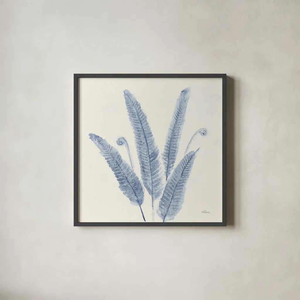 Forest Ferns II v2 Blue by Albena Hristova. Shown in a sleek black glass frame for a contemporary gallery look. Available as an archival giclee rolled canvas, fine art paper, or poster print. SKU 42749a.