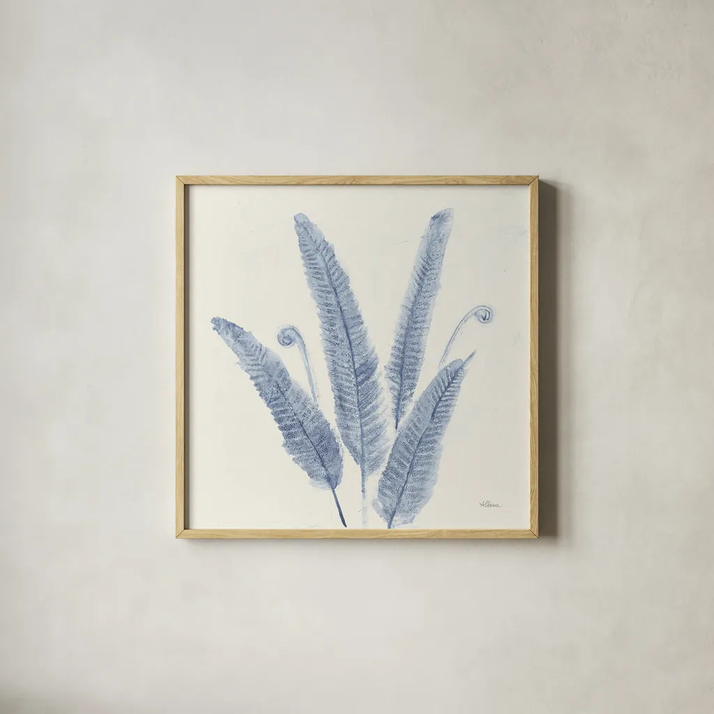 Forest Ferns II v2 Blue by Albena Hristova. Shown in a natural wood glass frame for a timeless modern aesthetic. Available as an archival giclee rolled canvas, fine art paper, or poster print. SKU 42749a.
