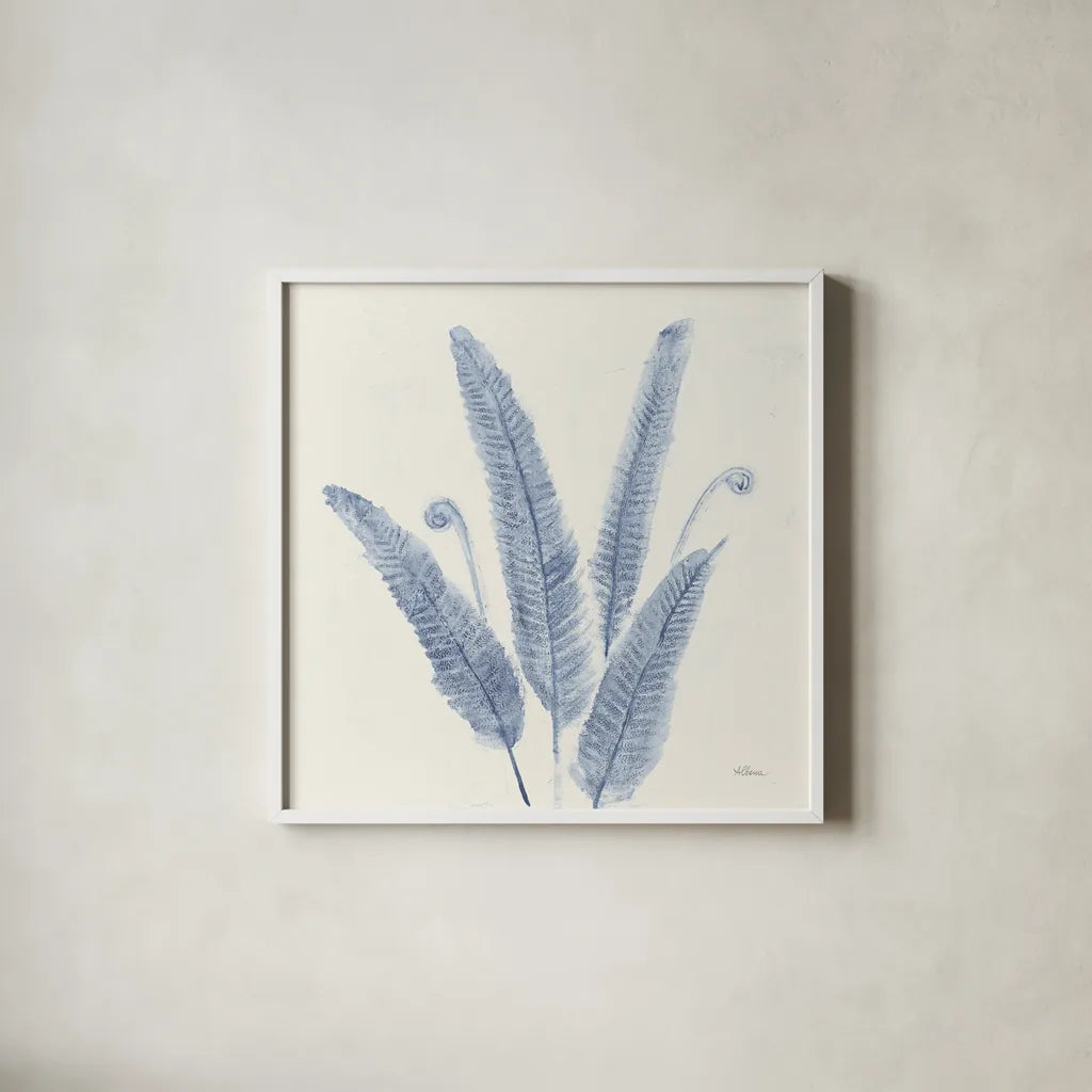 Forest Ferns II v2 Blue by Albena Hristova. Shown in a crisp white glass frame for a clean and minimalist style. Available as an archival giclee rolled canvas, fine art paper, or poster print. SKU 42749a.