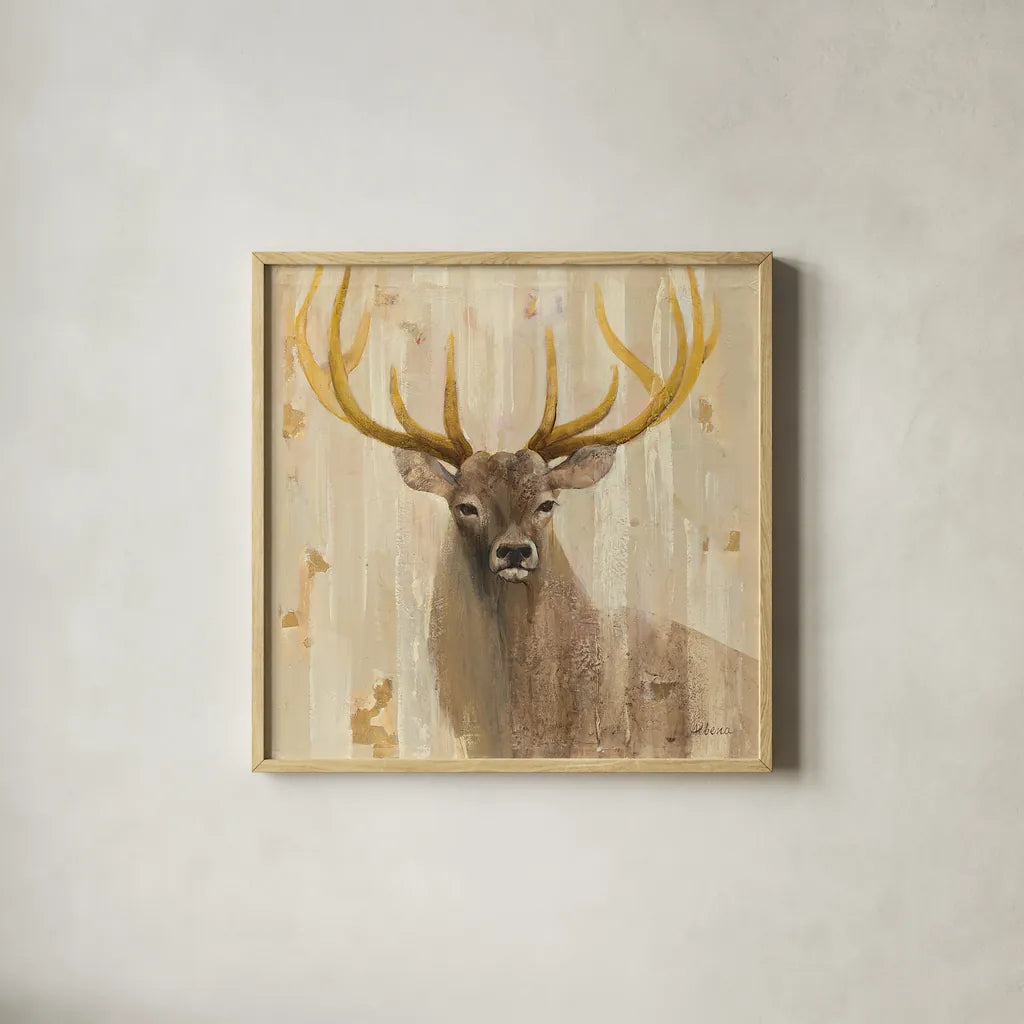 Forest King by Albena Hristova. Shown in a natural wood glass frame for a timeless modern aesthetic. Available as an archival giclee rolled canvas, fine art paper, or poster print. SKU 23452a.