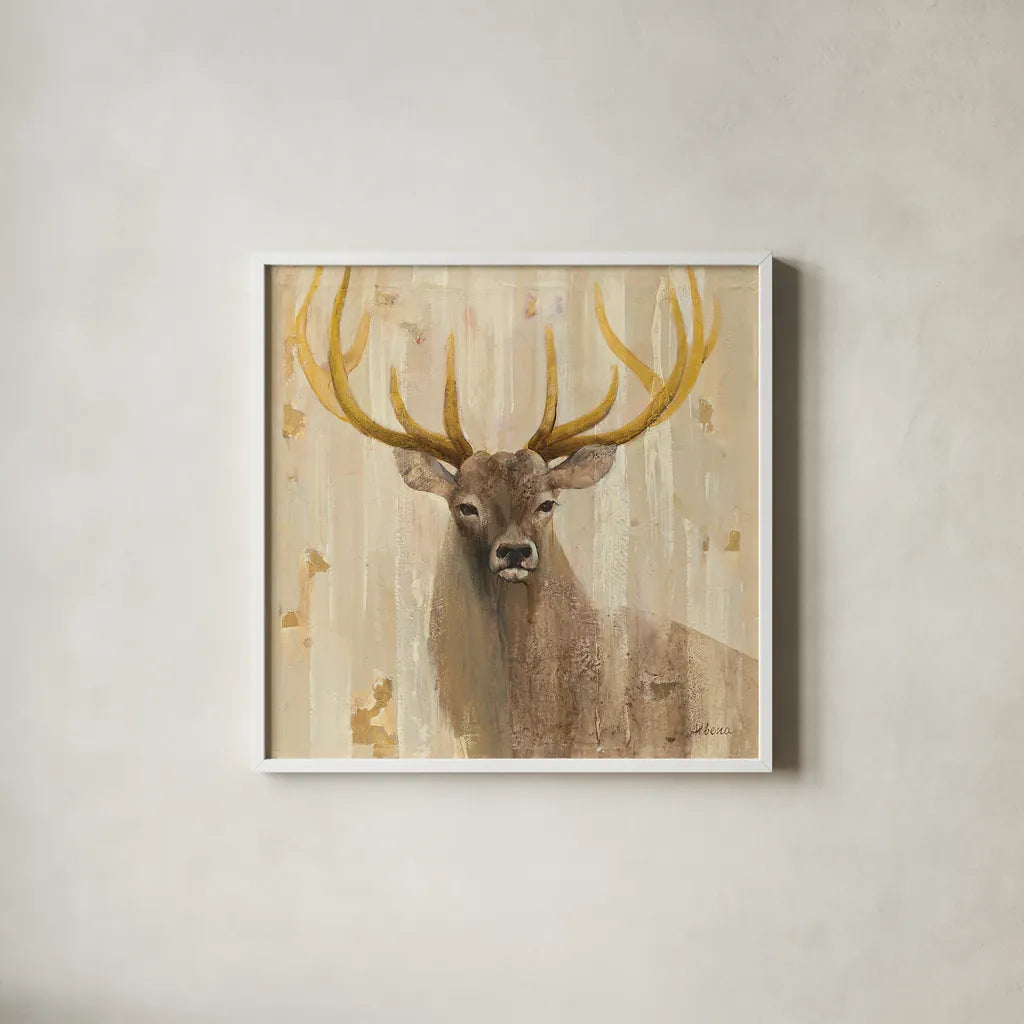 Forest King by Albena Hristova. Shown in a crisp white glass frame for a clean and minimalist style. Available as an archival giclee rolled canvas, fine art paper, or poster print. SKU 23452a.