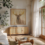 Forest King by Albena Hristova. Shown in a natural wood frame in a cozy modern living room. Available as an archival giclee rolled canvas, fine art paper, or poster print. SKU 23452a.