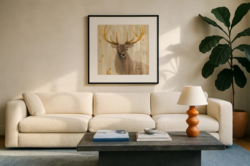 Forest King by Albena Hristova. Displayed in a glass frame with matte in a clean modern living room. Available as an archival giclee rolled canvas, fine art paper, or poster print. SKU 23452a.