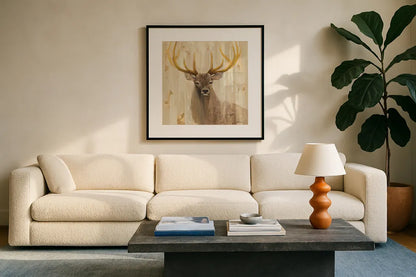 Forest King by Albena Hristova. Displayed in a glass frame with matte in a clean modern living room. Available as an archival giclee rolled canvas, fine art paper, or poster print. SKU 23452a.