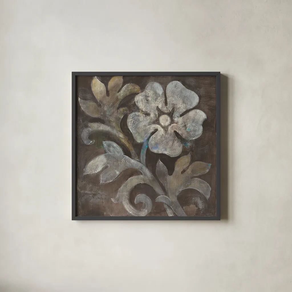 Fresco Floral I by Albena Hristova. Shown in a sleek black glass frame for a contemporary gallery look. Available as an archival giclee rolled canvas, fine art paper, or poster print. SKU 30234a.