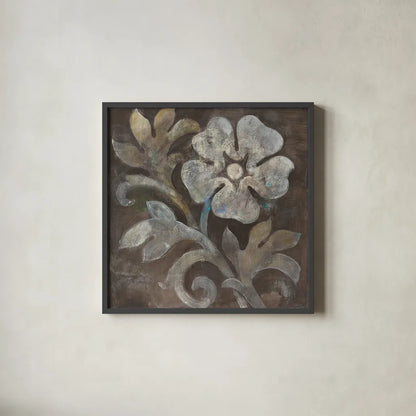 Fresco Floral I by Albena Hristova. Shown in a sleek black glass frame for a contemporary gallery look. Available as an archival giclee rolled canvas, fine art paper, or poster print. SKU 30234a.
