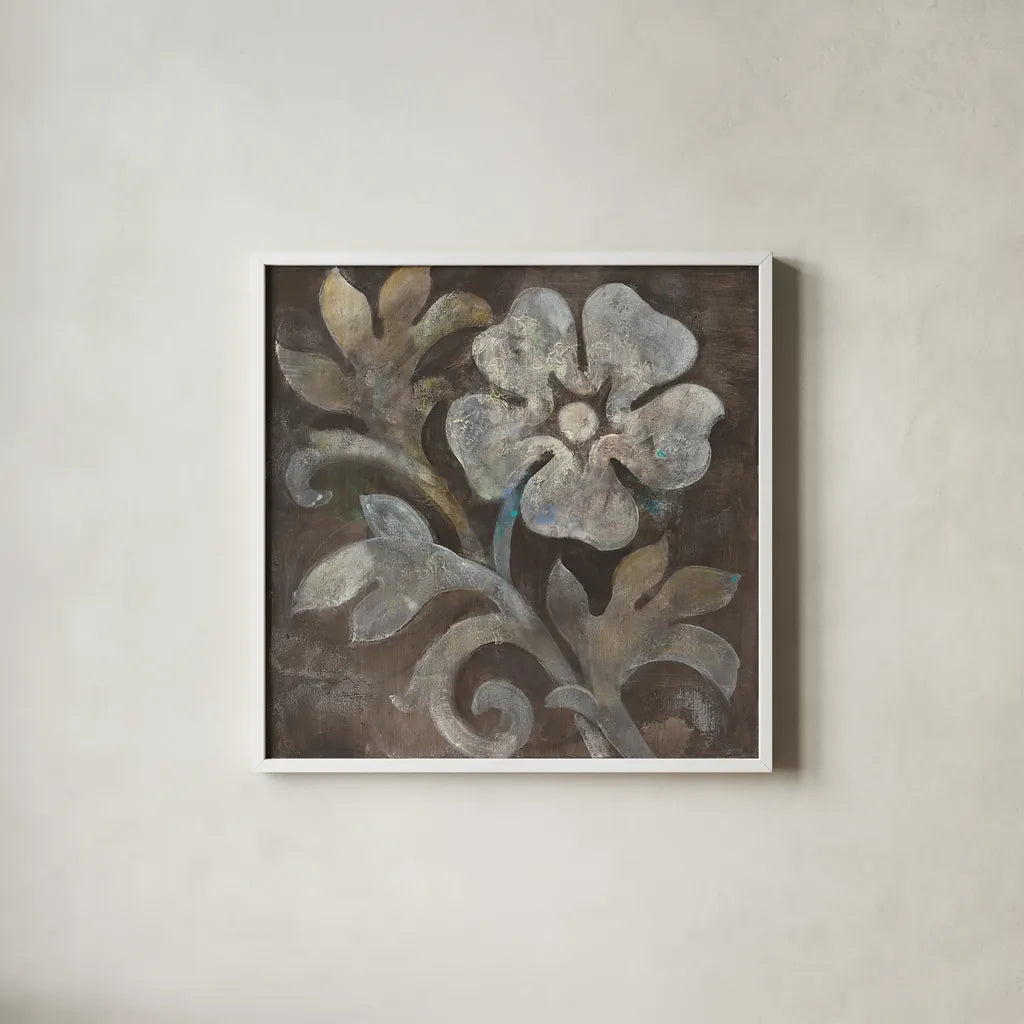 Fresco Floral I by Albena Hristova. Shown in a crisp white glass frame for a clean and minimalist style. Available as an archival giclee rolled canvas, fine art paper, or poster print. SKU 30234a.