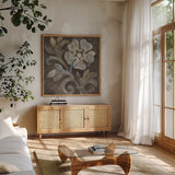 Fresco Floral I by Albena Hristova. Shown in a natural wood frame in a cozy modern living room. Available as an archival giclee rolled canvas, fine art paper, or poster print. SKU 30234a.