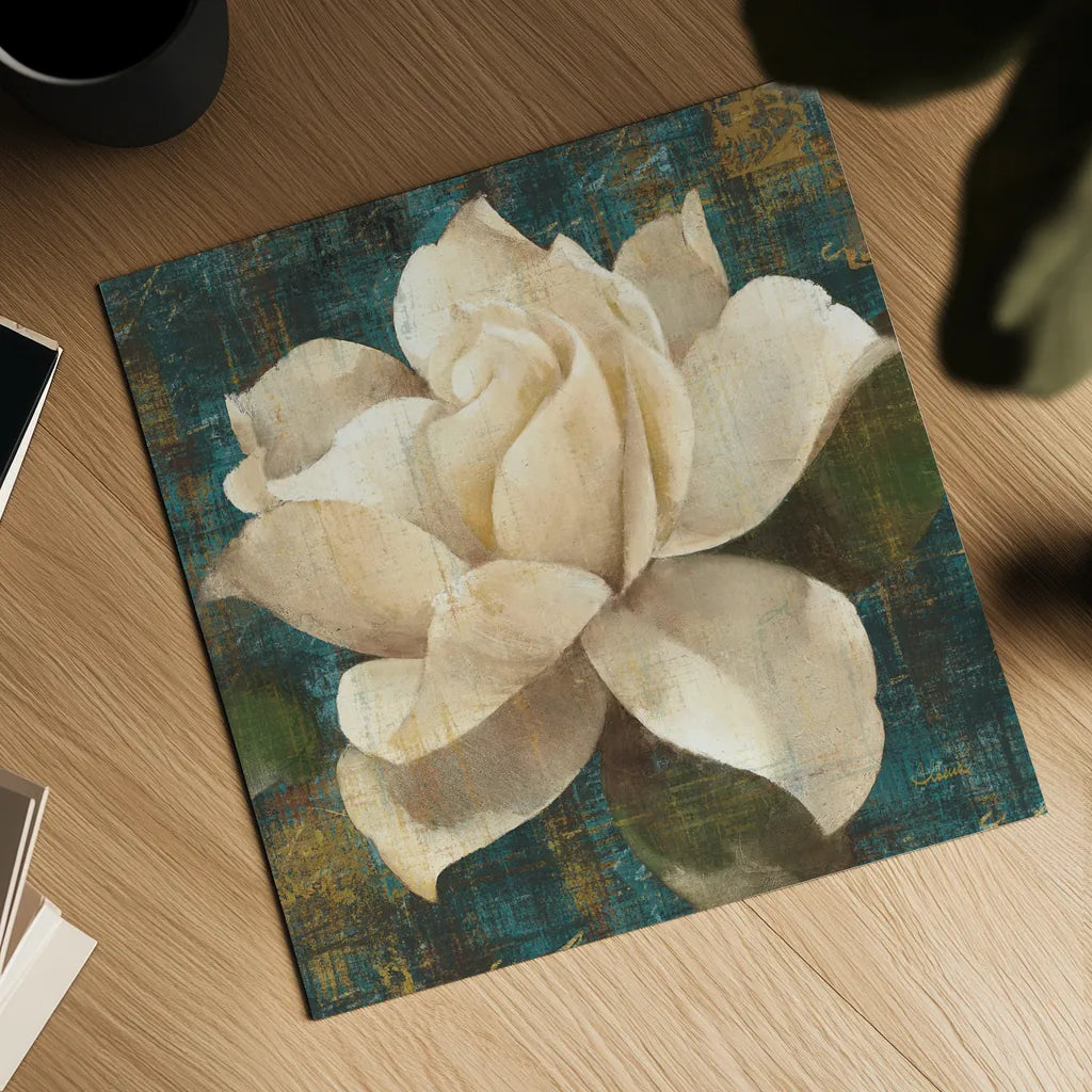 Gardenia Blossom Turquoise by Albena Hristova. Shown as a detailed flat fine art print, highlighting archival giclee quality. Available as an archival giclee rolled canvas, fine art paper, or poster print. SKU 10838a.