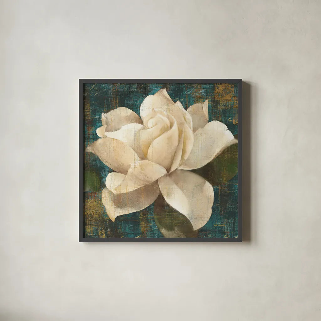 Gardenia Blossom Turquoise by Albena Hristova. Shown in a sleek black glass frame for a contemporary gallery look. Available as an archival giclee rolled canvas, fine art paper, or poster print. SKU 10838a.