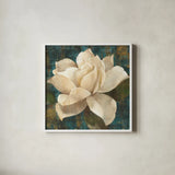 Gardenia Blossom Turquoise by Albena Hristova. Shown in a crisp white glass frame for a clean and minimalist style. Available as an archival giclee rolled canvas, fine art paper, or poster print. SKU 10838a.