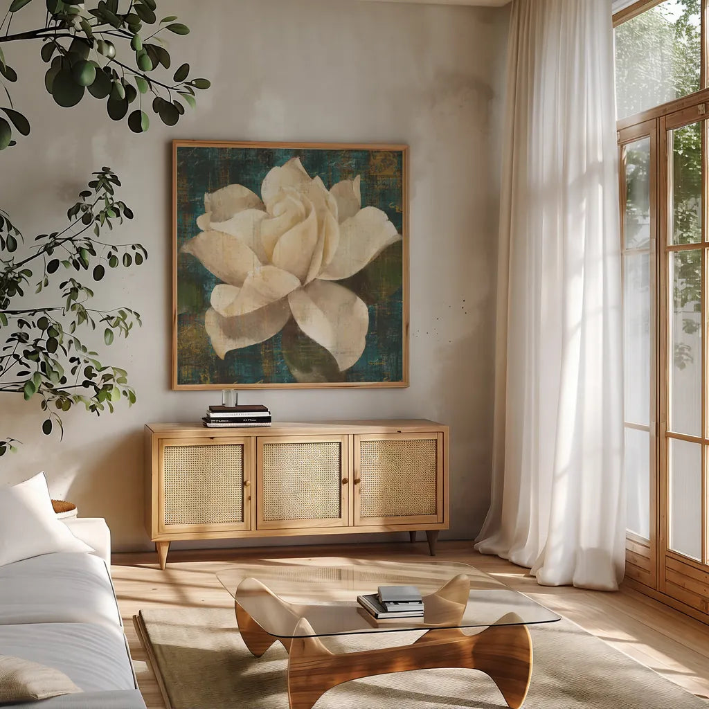 Gardenia Blossom Turquoise by Albena Hristova. Shown in a natural wood frame in a cozy modern living room. Available as an archival giclee rolled canvas, fine art paper, or poster print. SKU 10838a.