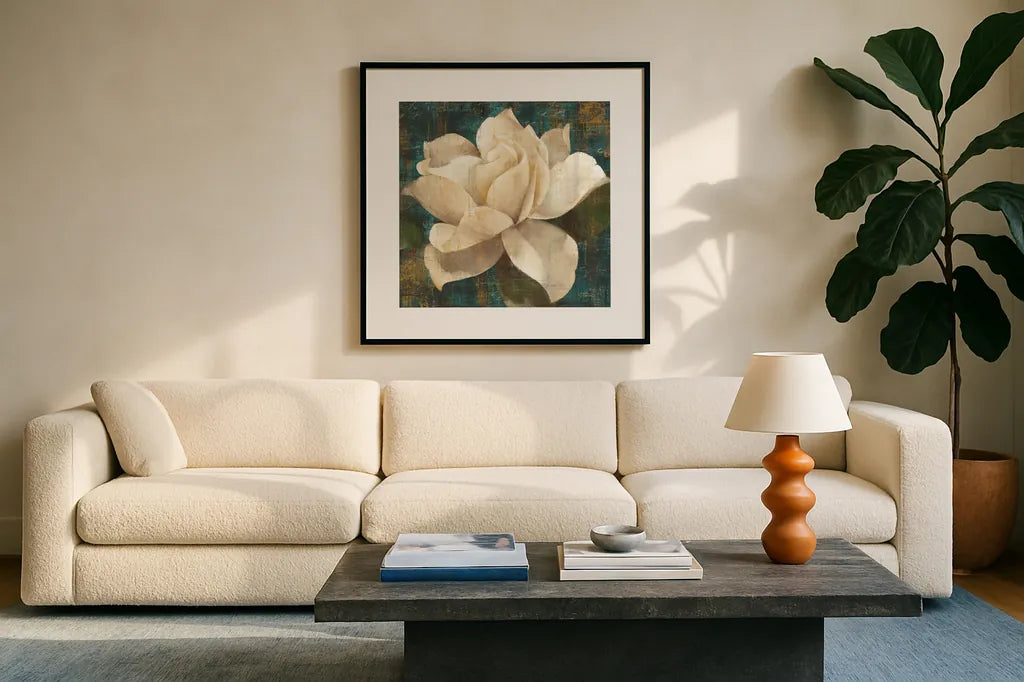 Gardenia Blossom Turquoise by Albena Hristova. Displayed in a glass frame with matte in a clean modern living room. Available as an archival giclee rolled canvas, fine art paper, or poster print. SKU 10838a.