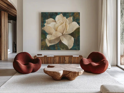 Gardenia Blossom Turquoise by Albena Hristova. Shown as extra-large giant wall art in a modern living room. Available as an archival giclee rolled canvas, fine art paper, or poster print. SKU 10838a.