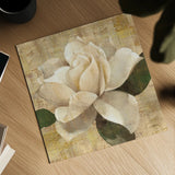 Gardenia Blossom on Script by Albena Hristova. Shown as a detailed flat fine art print, highlighting archival giclee quality. Available as an archival giclee rolled canvas, fine art paper, or poster print. SKU 22363a.