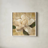 Gardenia Blossom on Script by Albena Hristova. Shown in a crisp white glass frame for a clean and minimalist style. Available as an archival giclee rolled canvas, fine art paper, or poster print. SKU 22363a.