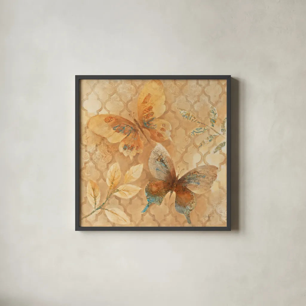 Gilded Butterfly I by Albena Hristova. Shown in a sleek black glass frame for a contemporary gallery look. Available as an archival giclee rolled canvas, fine art paper, or poster print. SKU 55388a.