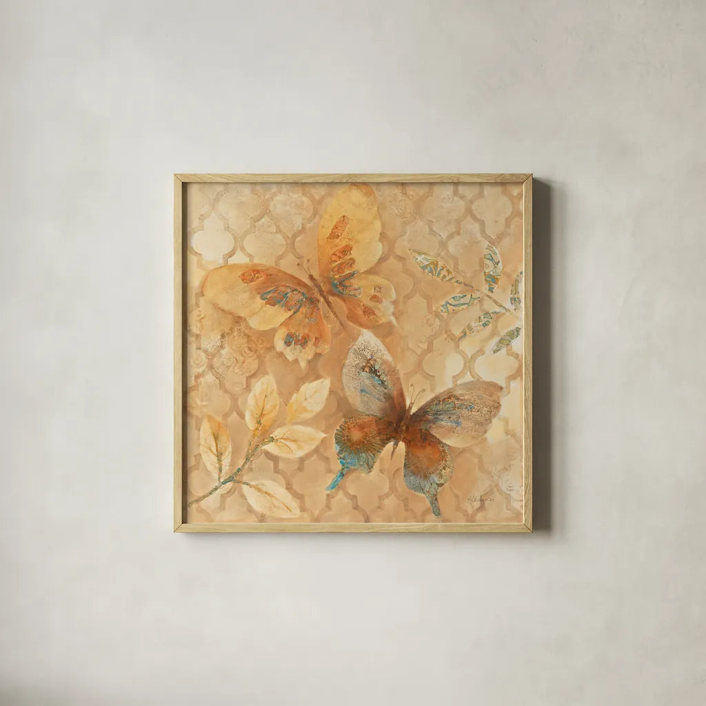 Gilded Butterfly I by Albena Hristova. Shown in a natural wood glass frame for a timeless modern aesthetic. Available as an archival giclee rolled canvas, fine art paper, or poster print. SKU 55388a.