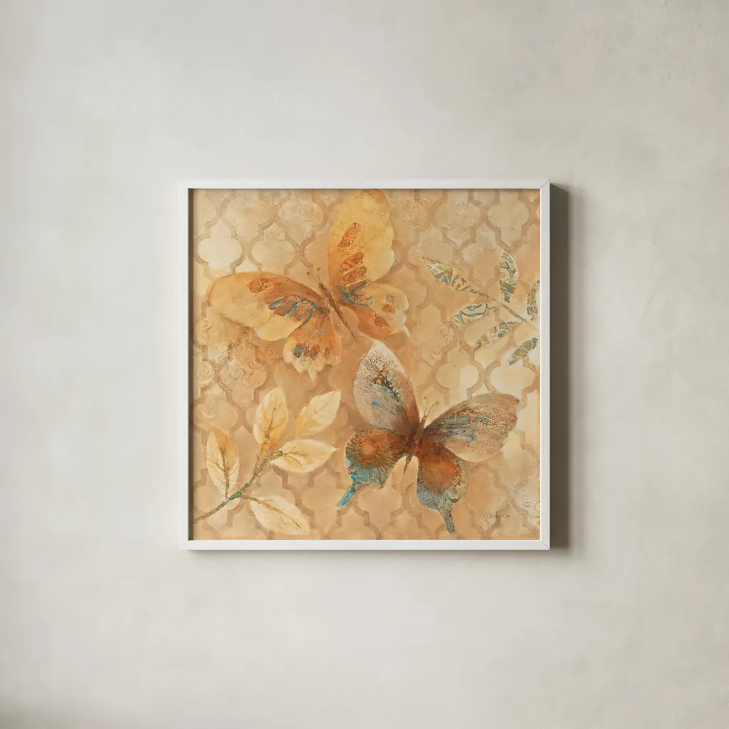 Gilded Butterfly I by Albena Hristova. Shown in a crisp white glass frame for a clean and minimalist style. Available as an archival giclee rolled canvas, fine art paper, or poster print. SKU 55388a.