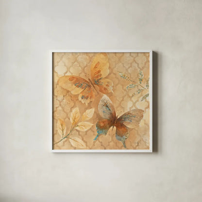 Gilded Butterfly I by Albena Hristova. Shown in a crisp white glass frame for a clean and minimalist style. Available as an archival giclee rolled canvas, fine art paper, or poster print. SKU 55388a.
