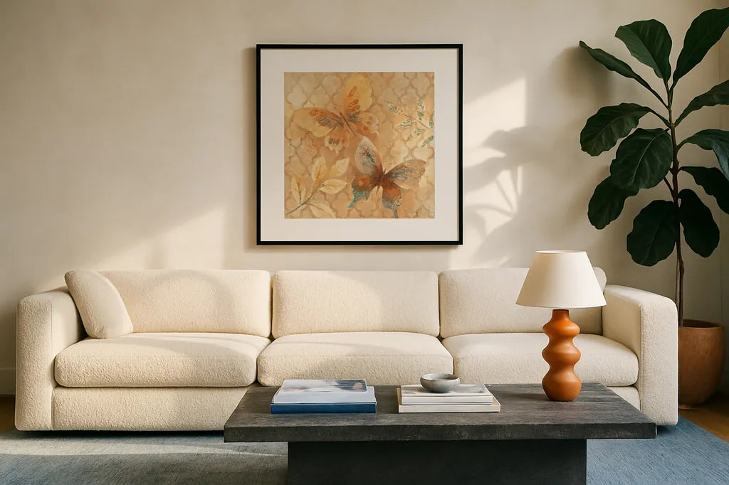 Gilded Butterfly I by Albena Hristova. Displayed in a glass frame with matte in a clean modern living room. Available as an archival giclee rolled canvas, fine art paper, or poster print. SKU 55388a.