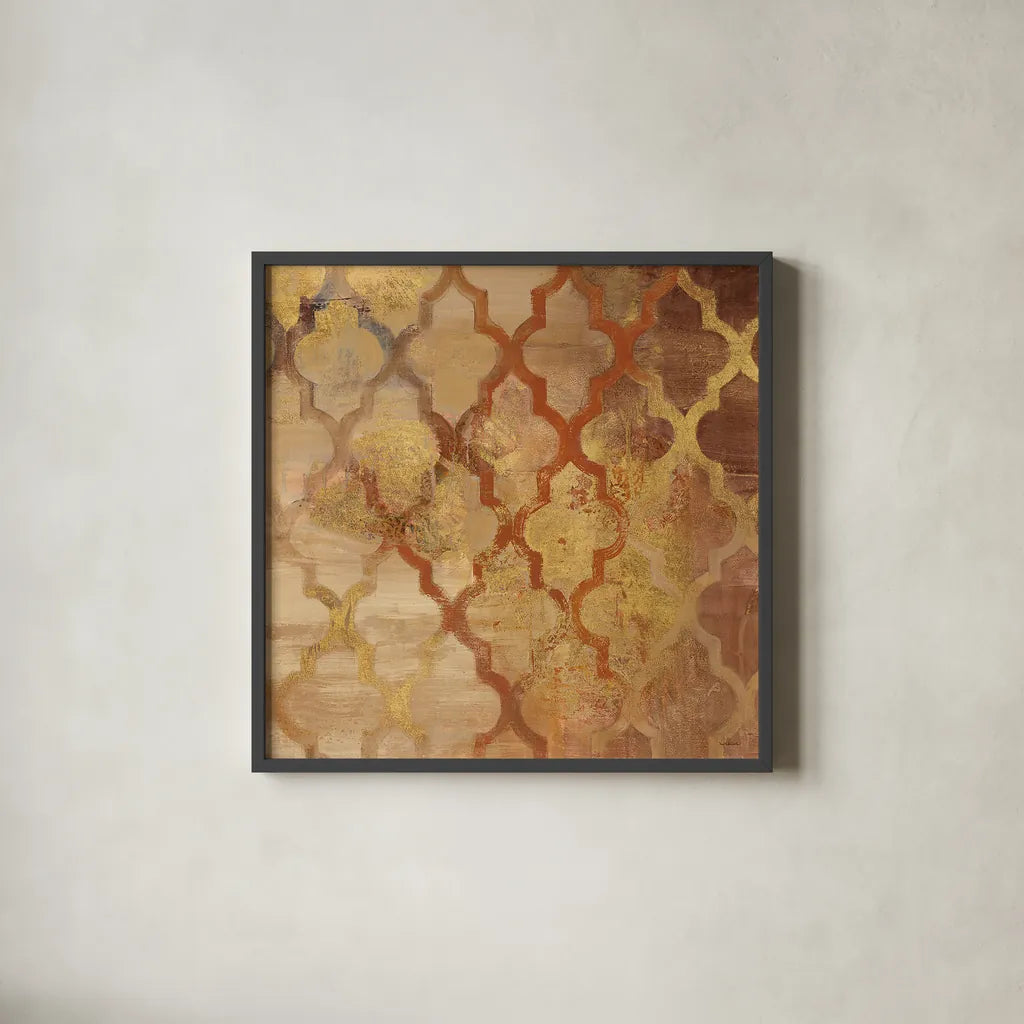 Gilded Rockin Moroccan by Albena Hristova. Shown in a sleek black glass frame for a contemporary gallery look. Available as an archival giclee rolled canvas, fine art paper, or poster print. SKU 16837a.