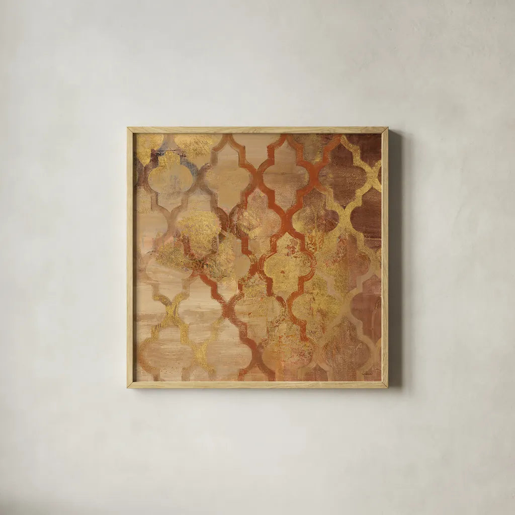 Gilded Rockin Moroccan by Albena Hristova. Shown in a natural wood glass frame for a timeless modern aesthetic. Available as an archival giclee rolled canvas, fine art paper, or poster print. SKU 16837a.