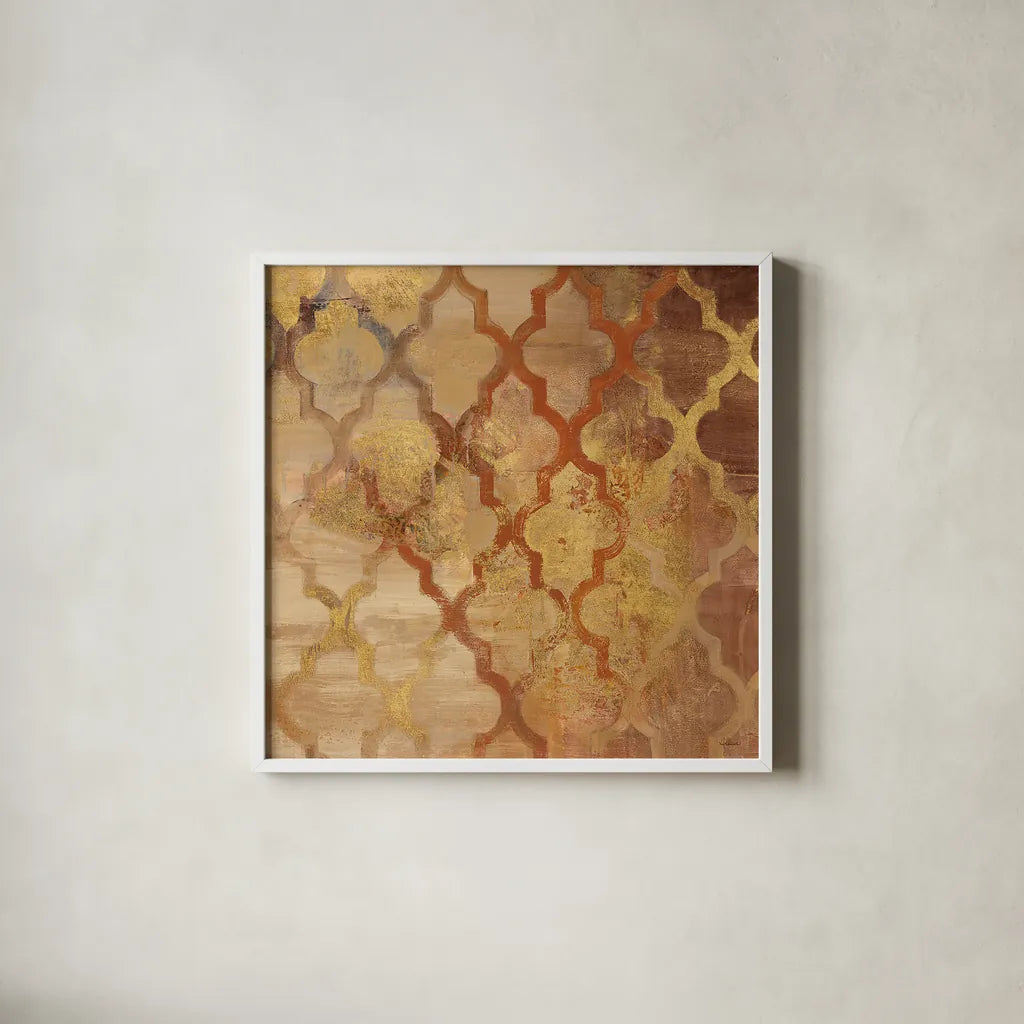Gilded Rockin Moroccan by Albena Hristova. Shown in a crisp white glass frame for a clean and minimalist style. Available as an archival giclee rolled canvas, fine art paper, or poster print. SKU 16837a.