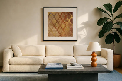 Gilded Rockin Moroccan by Albena Hristova. Displayed in a glass frame with matte in a clean modern living room. Available as an archival giclee rolled canvas, fine art paper, or poster print. SKU 16837a.