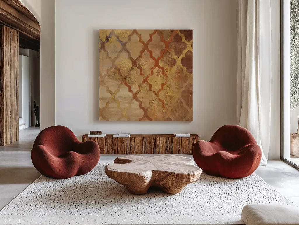 Gilded Rockin Moroccan by Albena Hristova. Shown as extra-large giant wall art in a modern living room. Available as an archival giclee rolled canvas, fine art paper, or poster print. SKU 16837a.