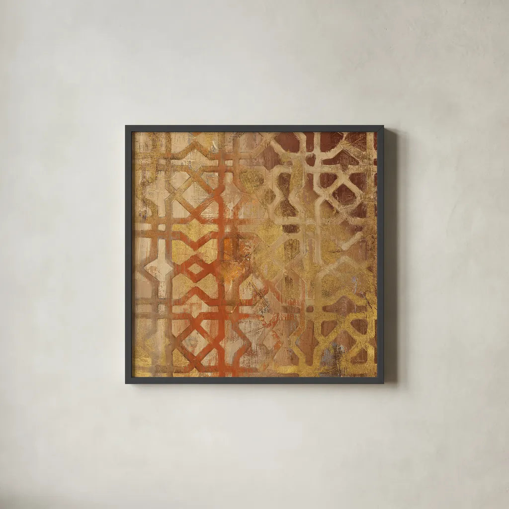 Gilded Trellis I by Albena Hristova. Shown in a sleek black glass frame for a contemporary gallery look. Available as an archival giclee rolled canvas, fine art paper, or poster print. SKU 16838a.