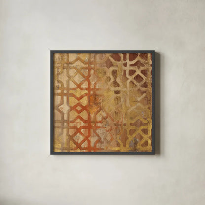 Gilded Trellis I by Albena Hristova. Shown in a sleek black glass frame for a contemporary gallery look. Available as an archival giclee rolled canvas, fine art paper, or poster print. SKU 16838a.