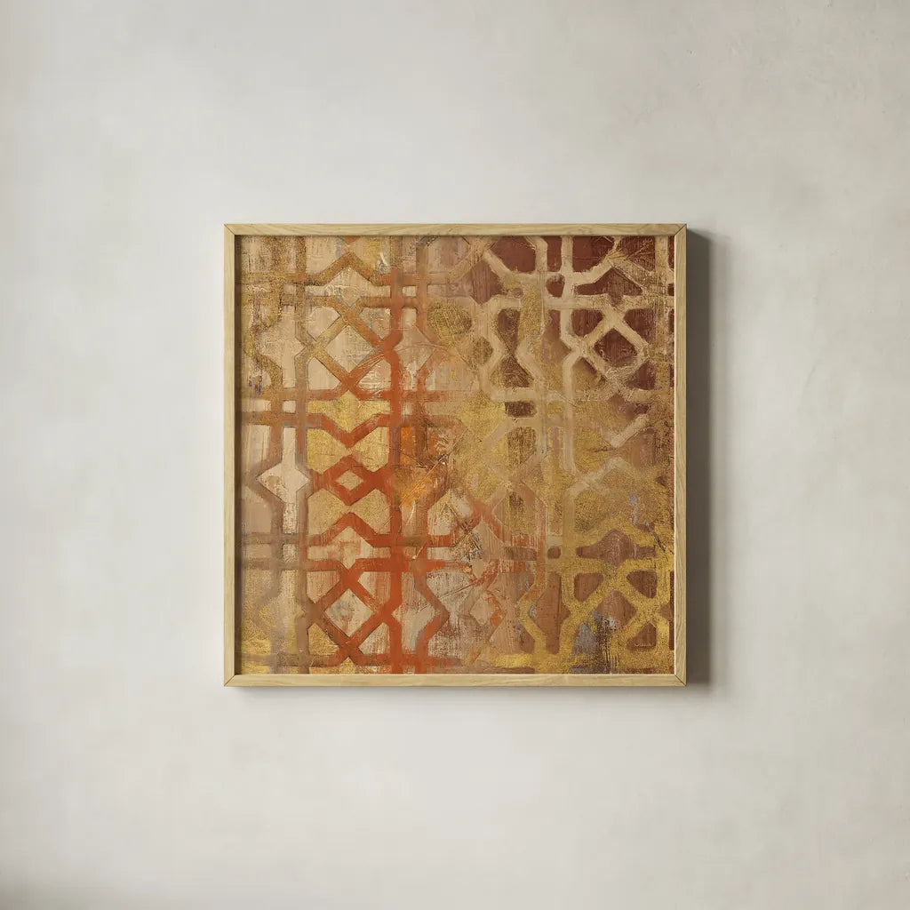 Gilded Trellis I by Albena Hristova. Shown in a natural wood glass frame for a timeless modern aesthetic. Available as an archival giclee rolled canvas, fine art paper, or poster print. SKU 16838a.