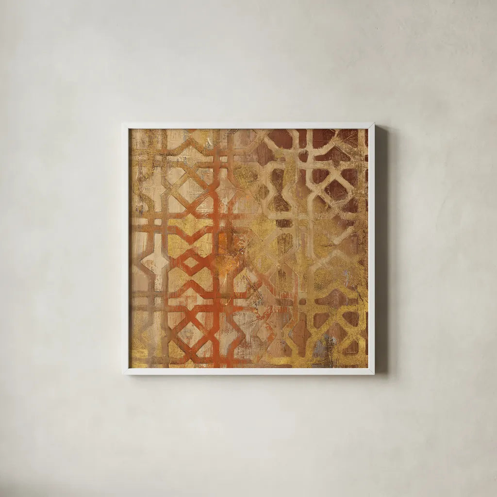Gilded Trellis I by Albena Hristova. Shown in a crisp white glass frame for a clean and minimalist style. Available as an archival giclee rolled canvas, fine art paper, or poster print. SKU 16838a.