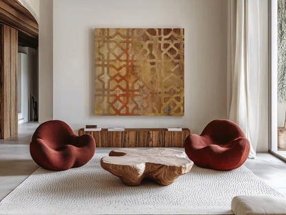 Gilded Trellis I by Albena Hristova. Shown as extra-large giant wall art in a modern living room. Available as an archival giclee rolled canvas, fine art paper, or poster print. SKU 16838a.