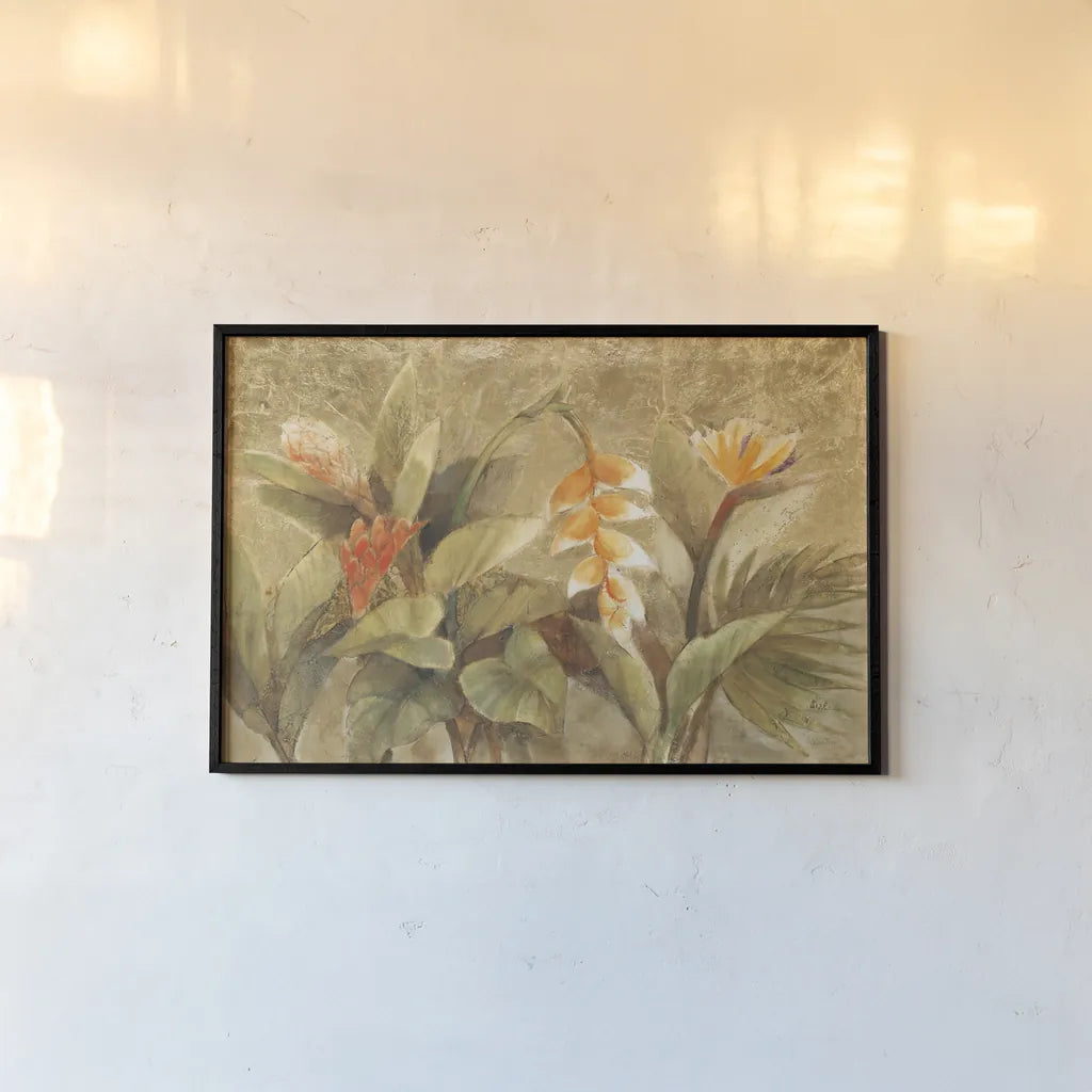 Gilded Tropics by Albena Hristova. shown as a paper print in a black flame. Available as a archival giclee rolled canvas, fine art paper, or poster print. SKU 54422i.