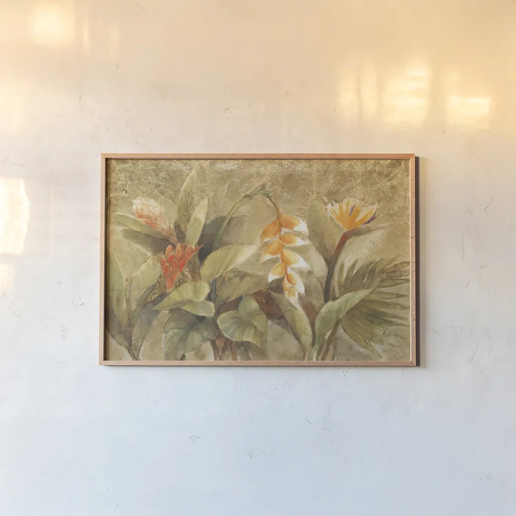 Gilded Tropics by Albena Hristova. shown as a paper print in a natural frame. Available as a archival giclee rolled canvas, fine art paper, or poster print. SKU 54422i.