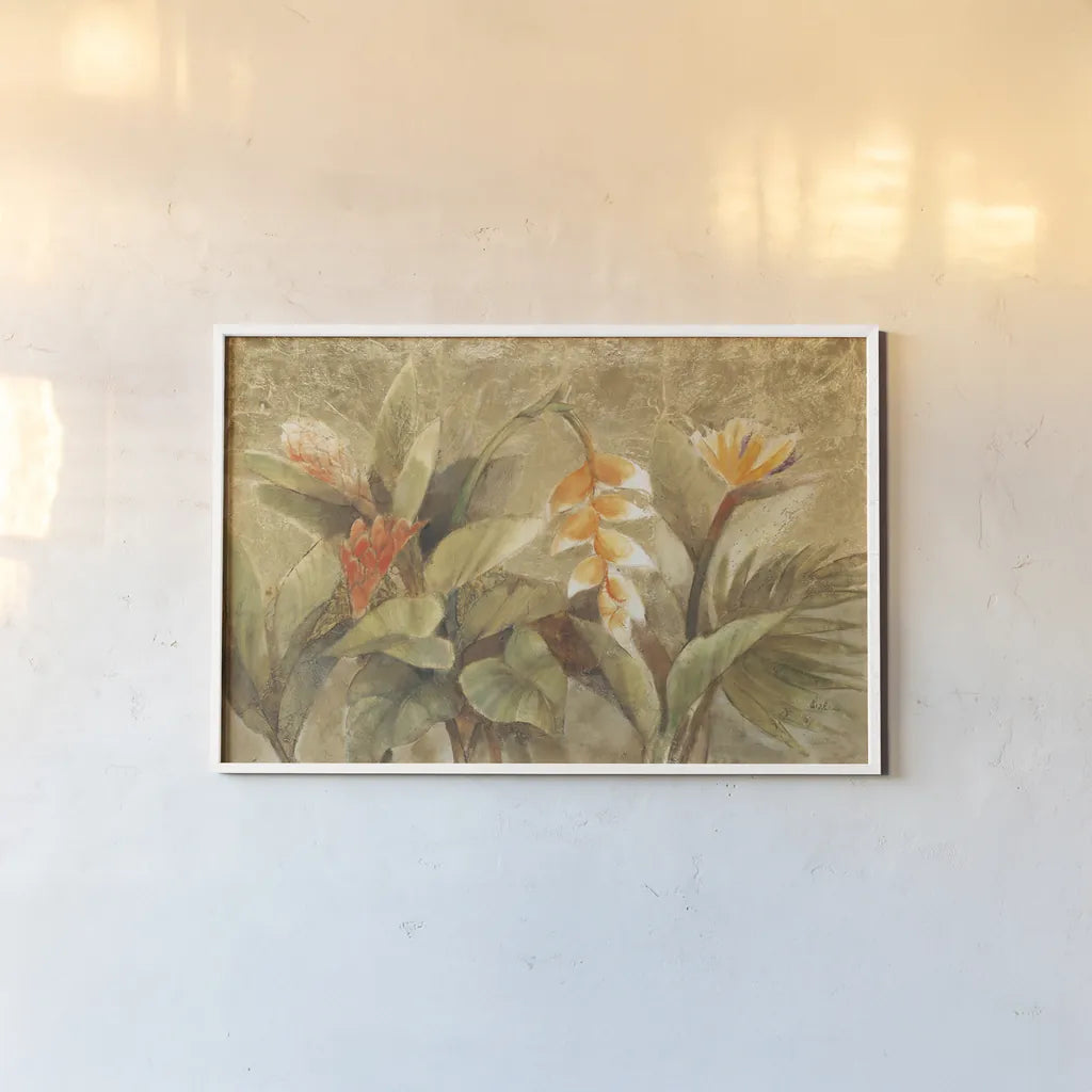 Gilded Tropics by Albena Hristova. shown as a paper print in a white frame. Available as a archival giclee rolled canvas, fine art paper, or poster print. SKU 54422i.