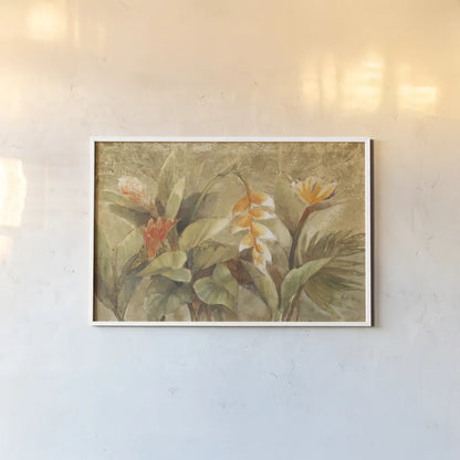 Gilded Tropics by Albena Hristova. shown as a paper print in a white frame. Available as a archival giclee rolled canvas, fine art paper, or poster print. SKU 54422i.