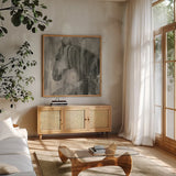 Glance Greige Crop by Albena Hristova. Shown in a natural wood frame in a cozy modern living room. Available as an archival giclee rolled canvas, fine art paper, or poster print. SKU 27037a.
