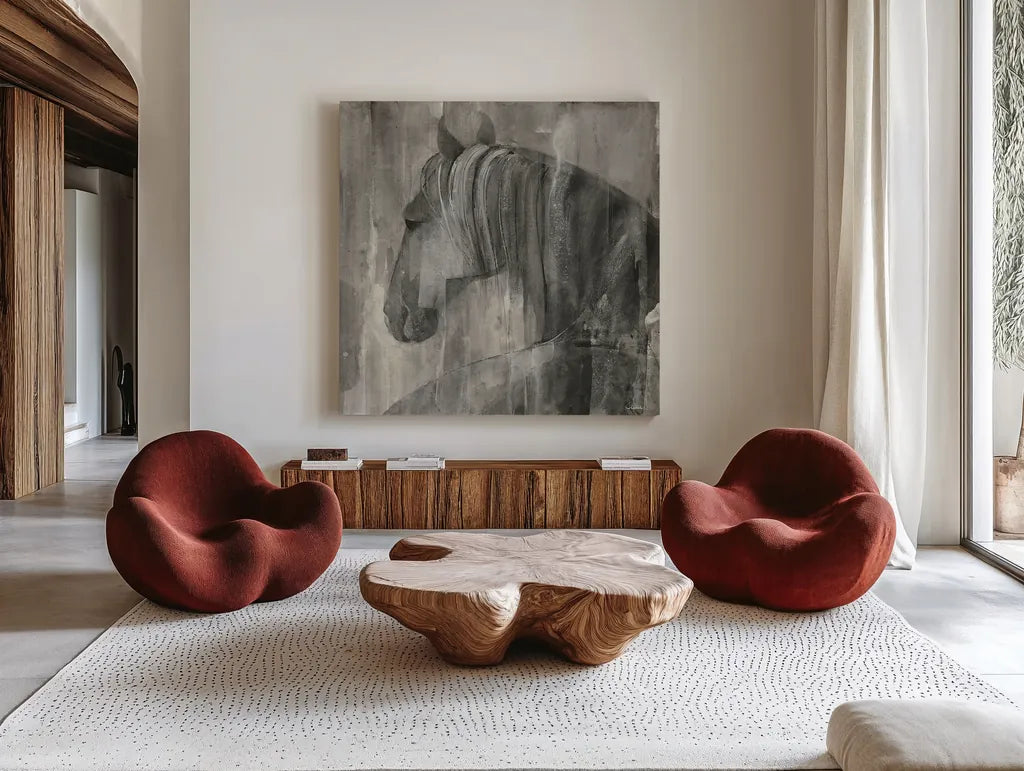 Glance Greige Crop by Albena Hristova. Shown as extra-large giant wall art in a modern living room. Available as an archival giclee rolled canvas, fine art paper, or poster print. SKU 27037a.