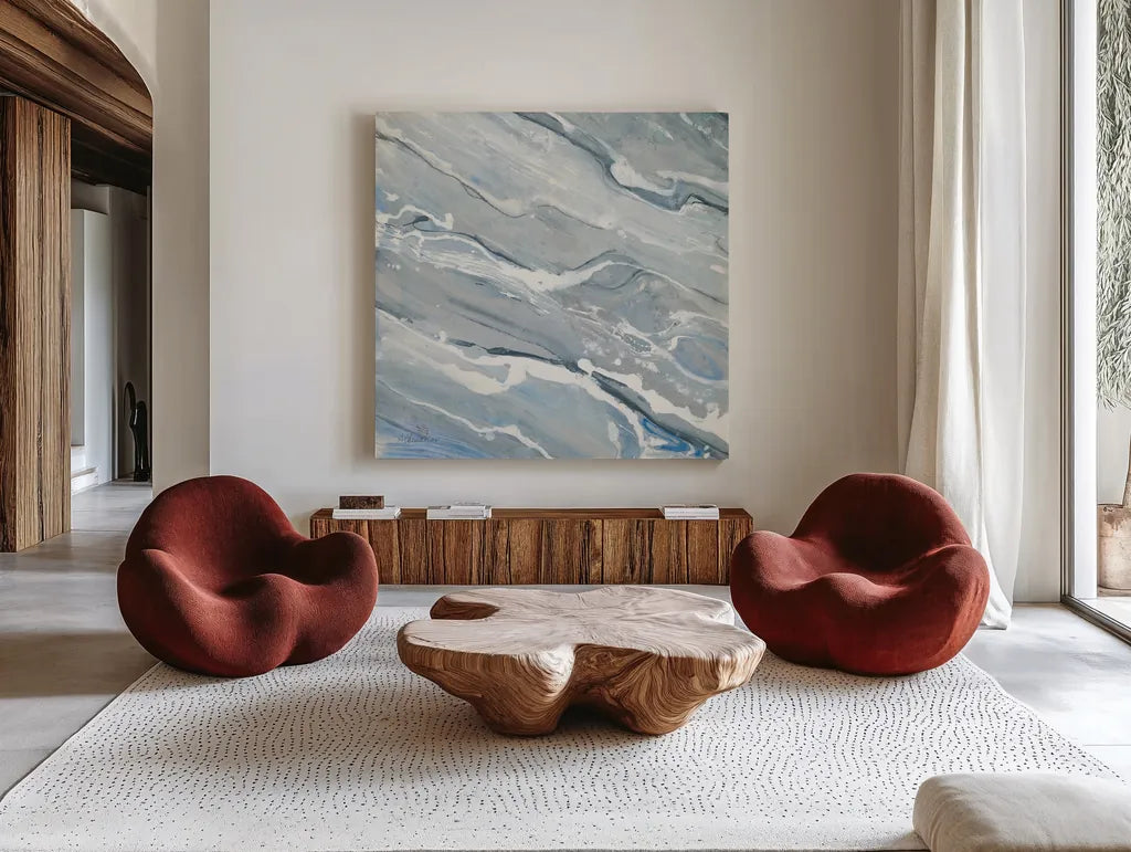 Going with the Flow II by Albena Hristova. Shown as extra-large giant wall art in a modern living room. Available as an archival giclee rolled canvas, fine art paper, or poster print. SKU 61531a.