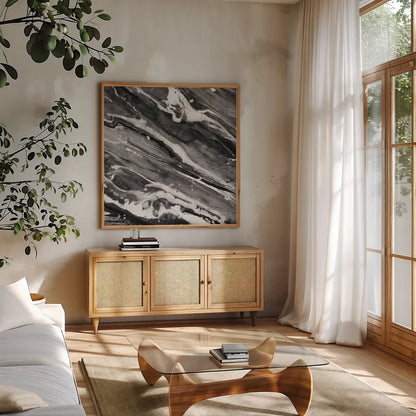 Going with the Flow III BW by Albena Hristova. Shown in a natural wood frame in a cozy modern living room. Available as an archival giclee rolled canvas, fine art paper, or poster print. SKU 77777a.